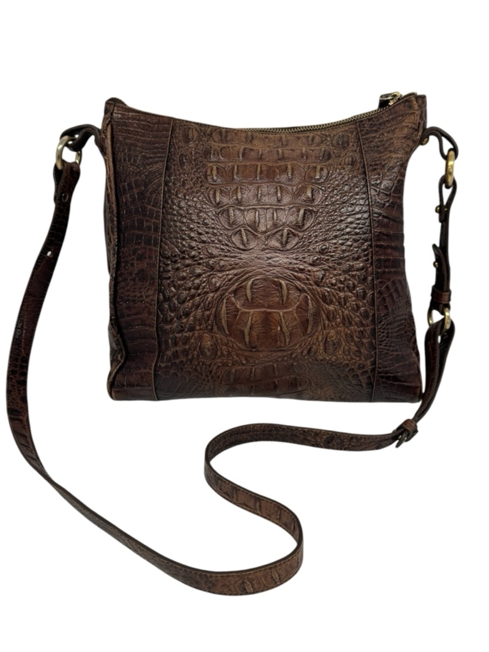 Brahmin Marley Crocodile-Embossed Brown Leather Crossbody Bag Purse 11" x 10" - Picture 2 of 16